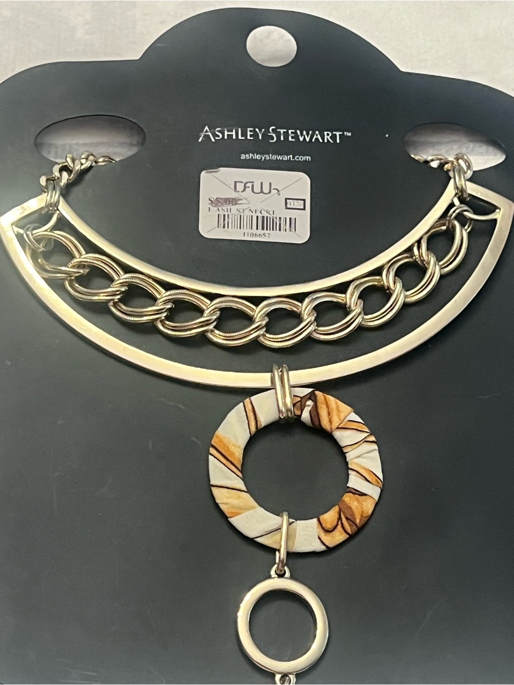 Ashley Stewart Gold-Tone Layered Chain Necklace with Tan and Cream Pendant